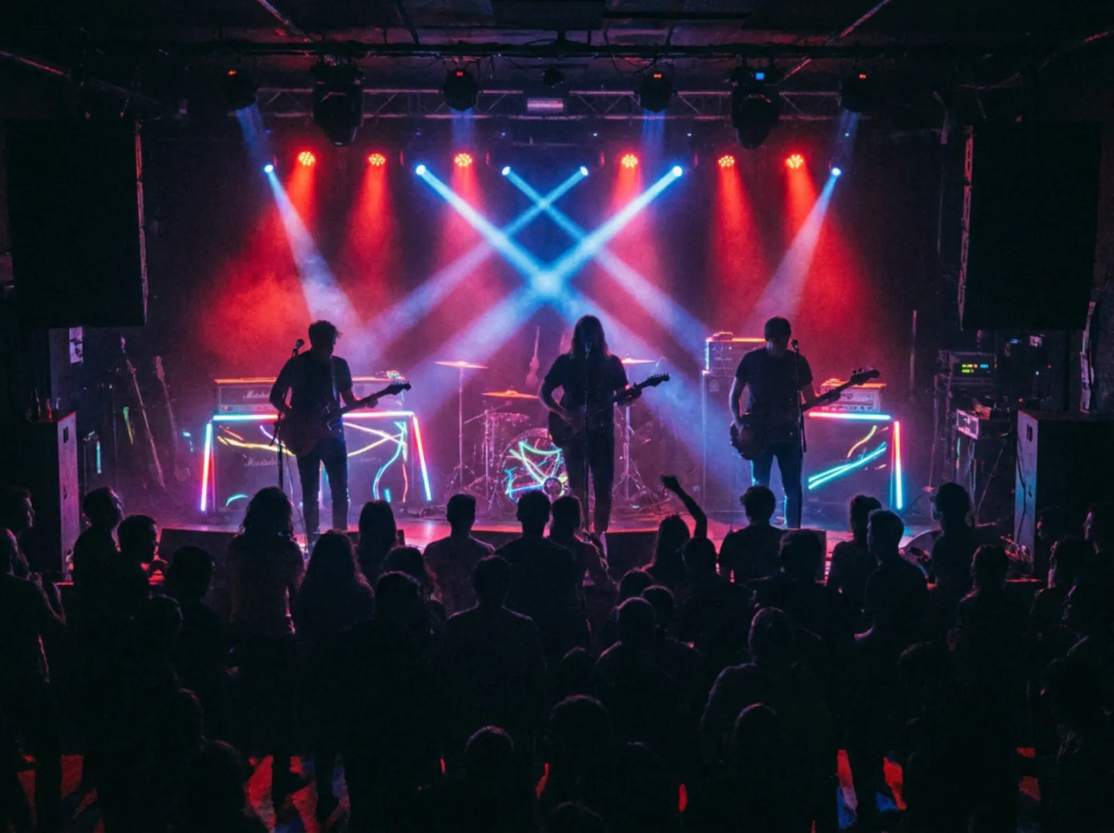 Four-piece band under red and blue concert beams