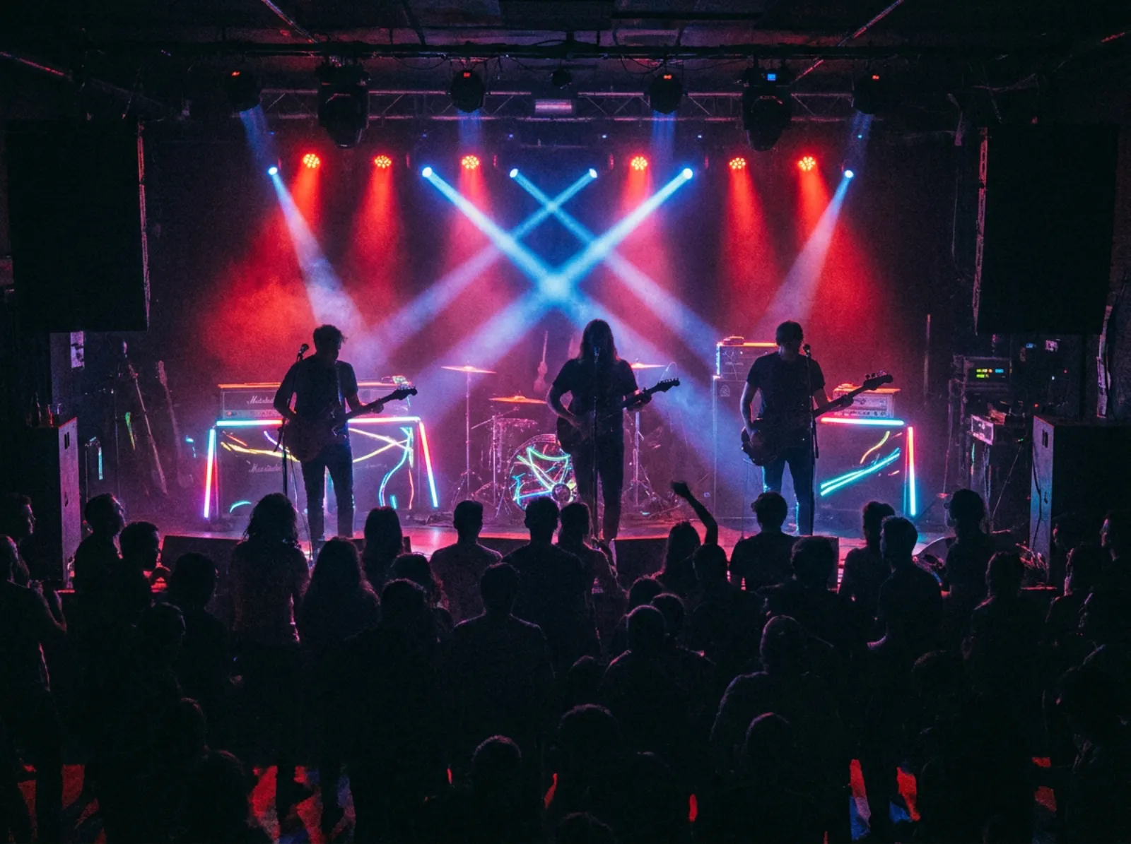 Four-piece band under red and blue concert beams