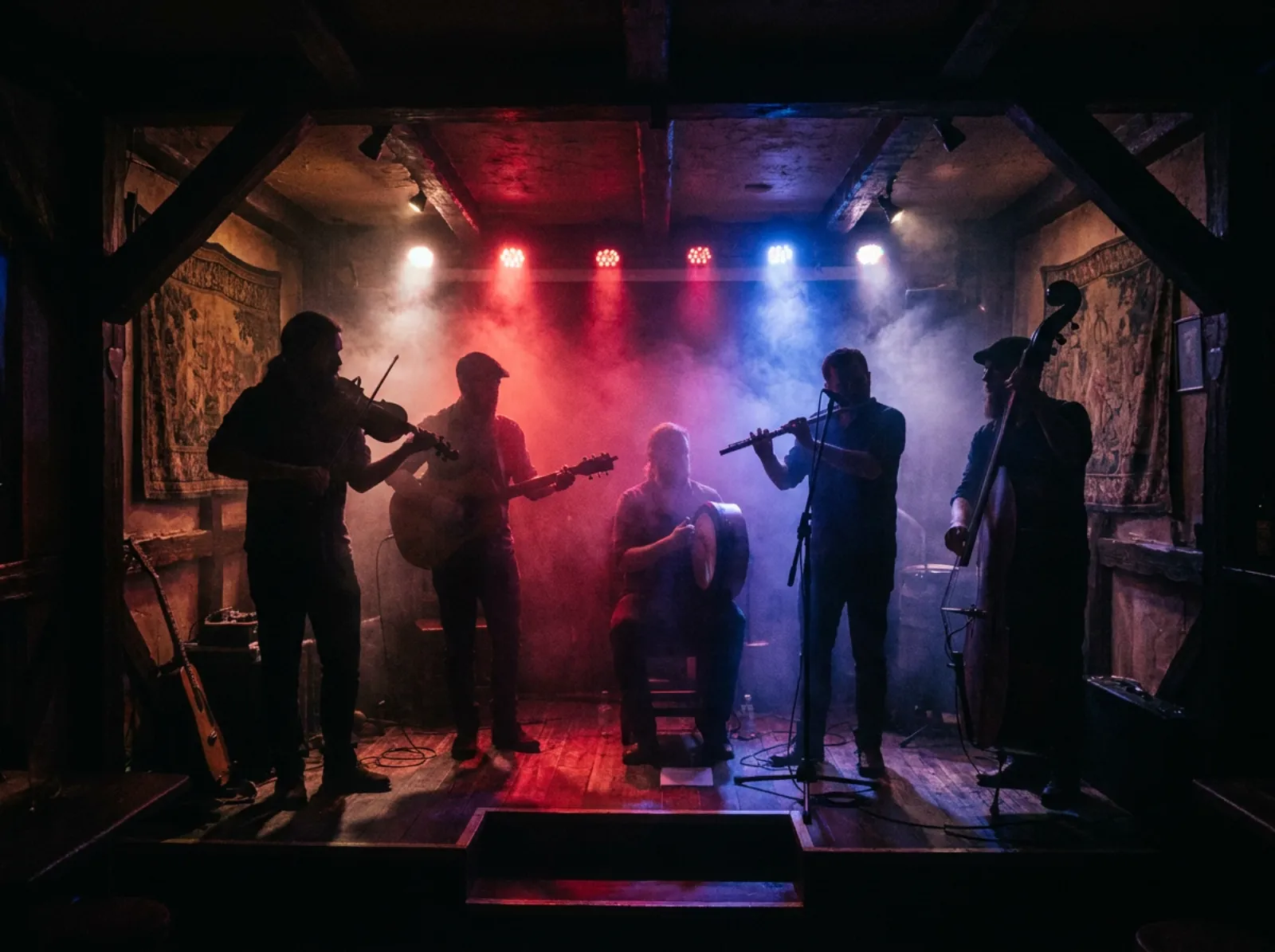 Trad folk band in a dark venue with red and blue light