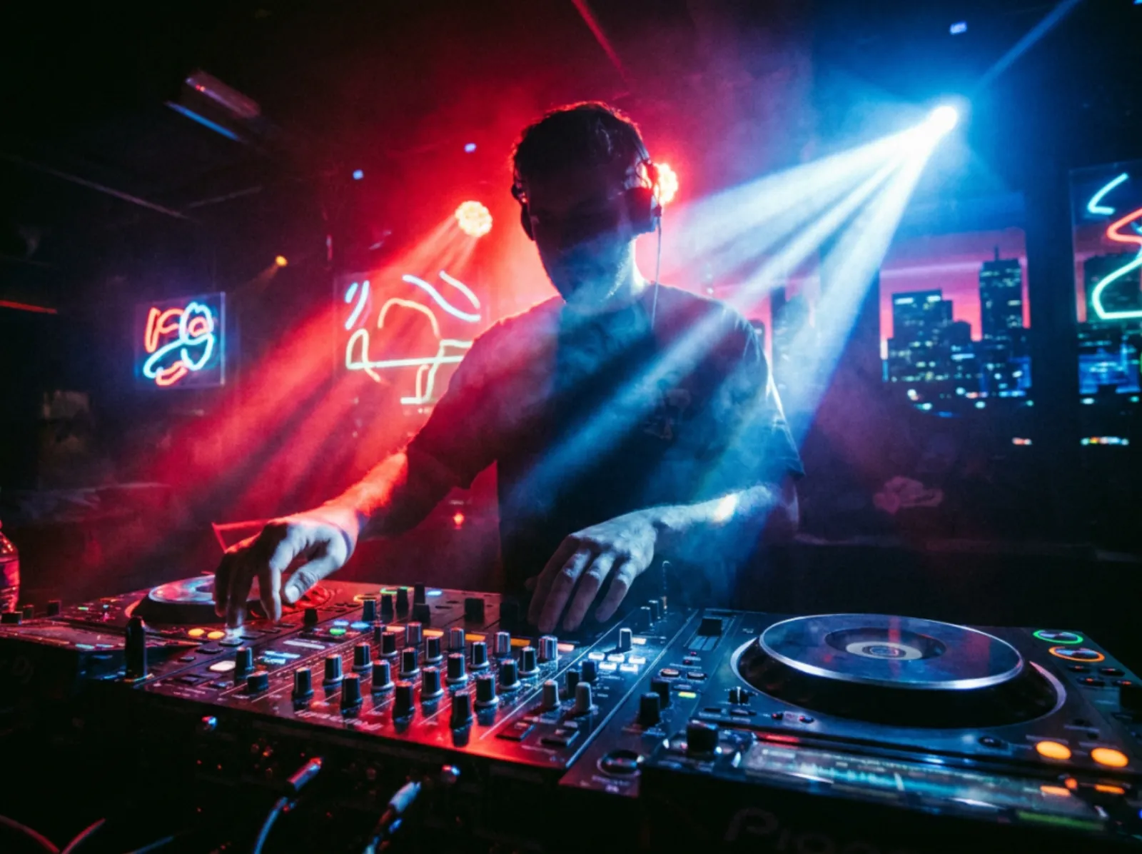 DJ at the decks under red and blue beams