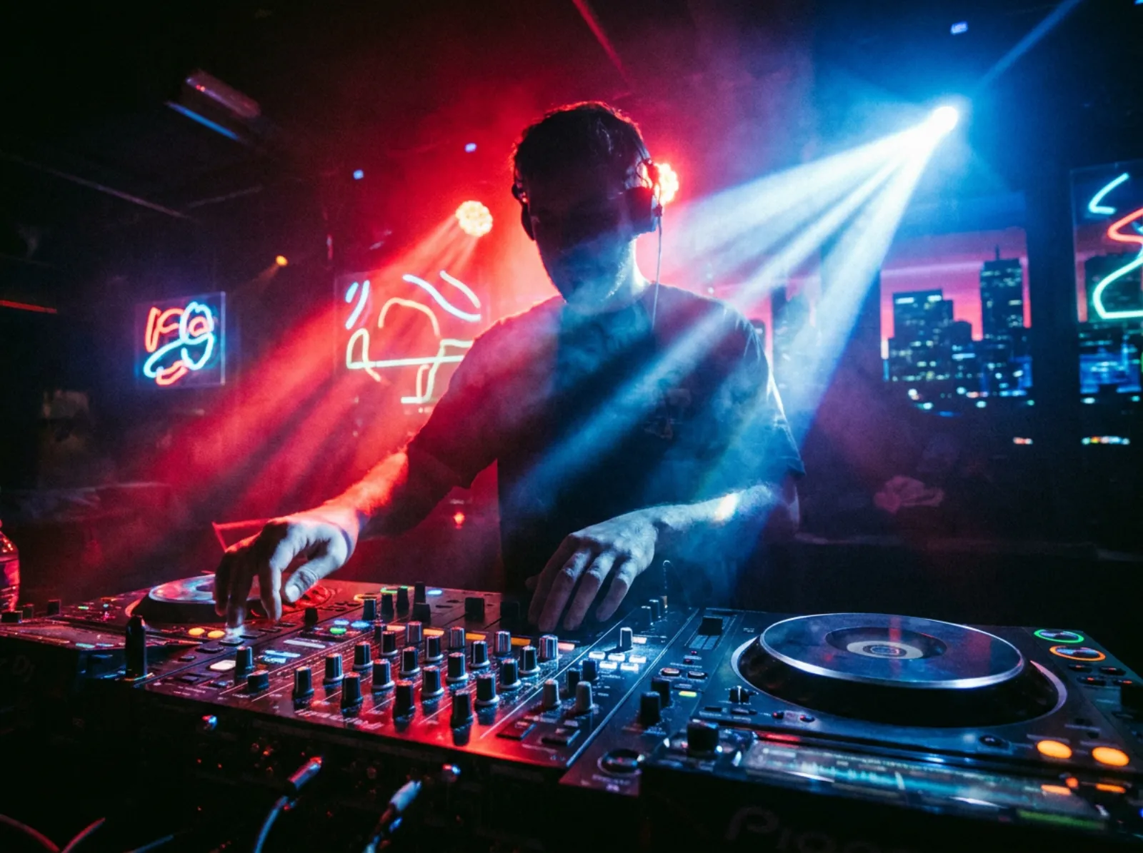 DJ at the decks under red and blue beams