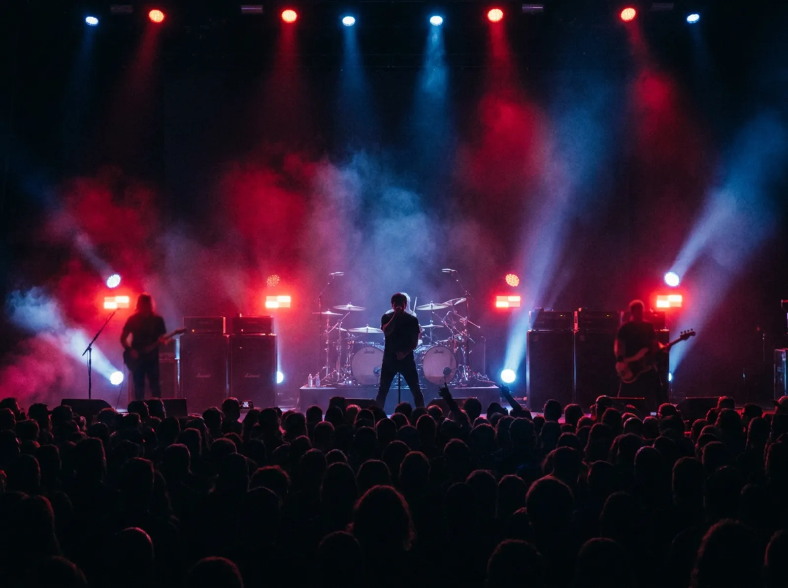 Rock tribute band under dramatic red and blue lighting