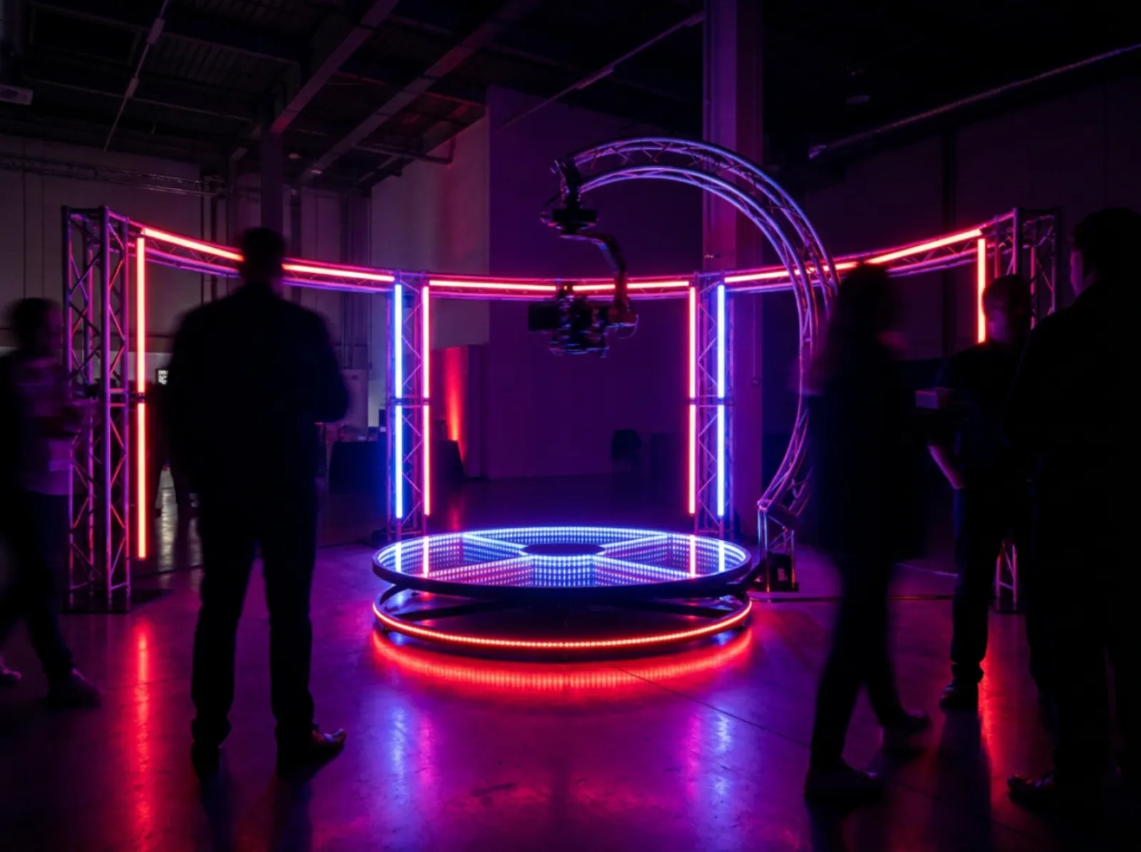360 booth lit by red and blue LED light